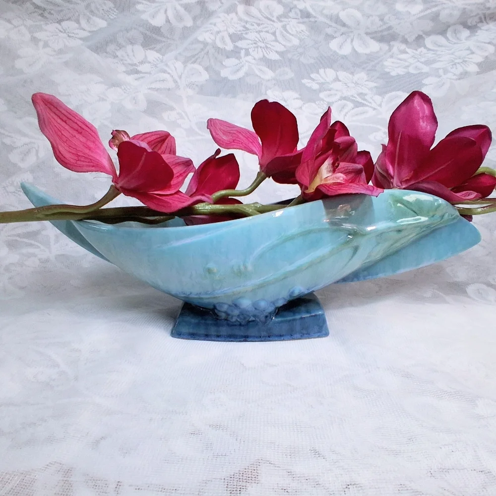 Vintage Roseville Pottery Wincraft Console Bowl Azure Blue Grapevine 228-12 - Picture 16 of 16